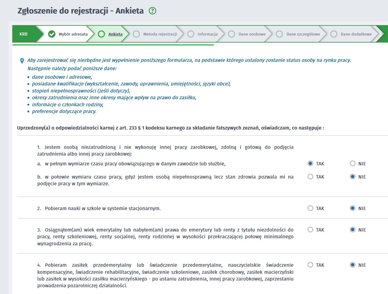 zrzut ekranu obraz przedstawia Zgłoszenie do rejestracji - Ankieta