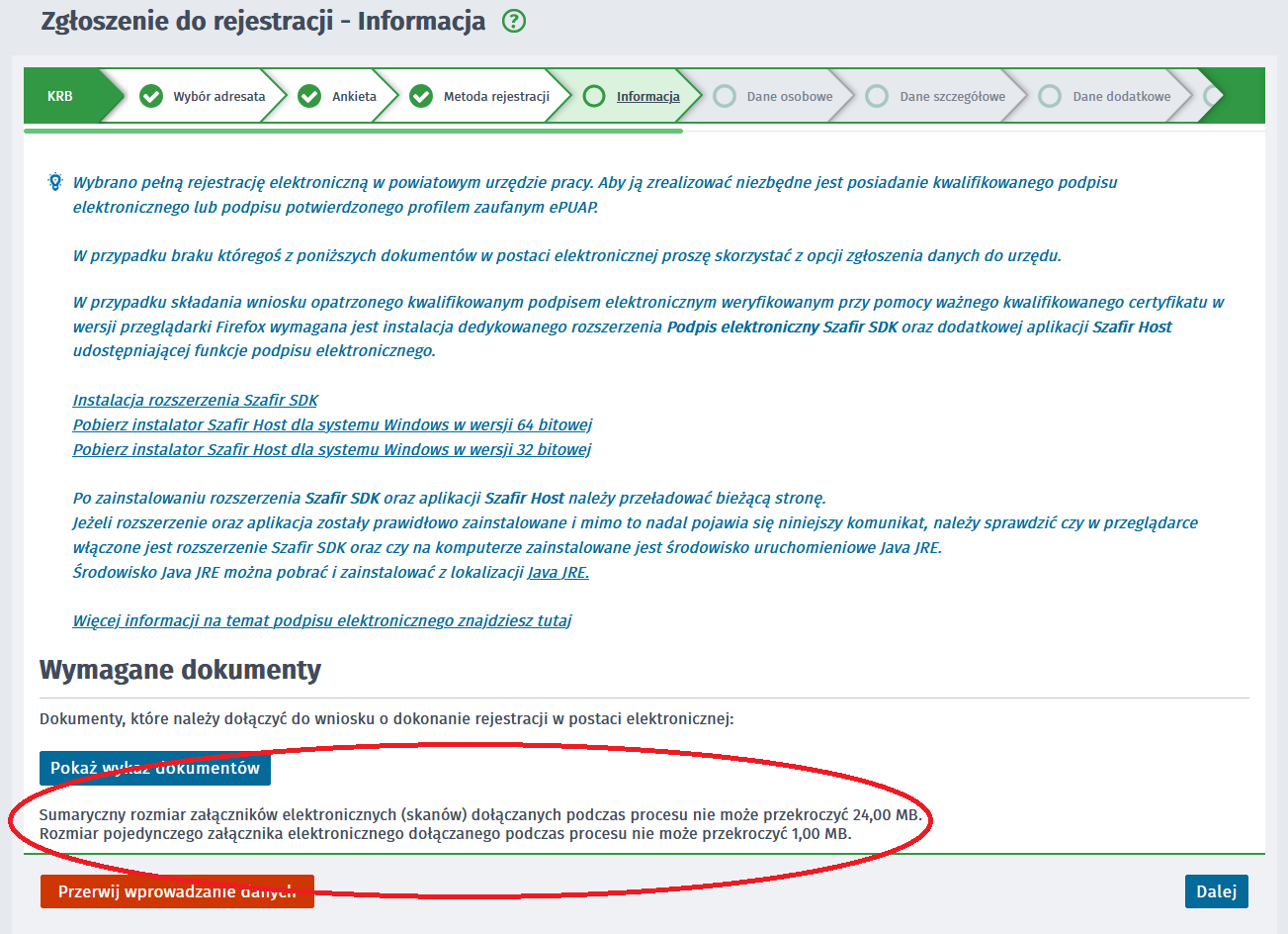 zrzut ekranu obraz przedstawia Zgłoszenie do rejestracji - Informacja wykaz dokumentów