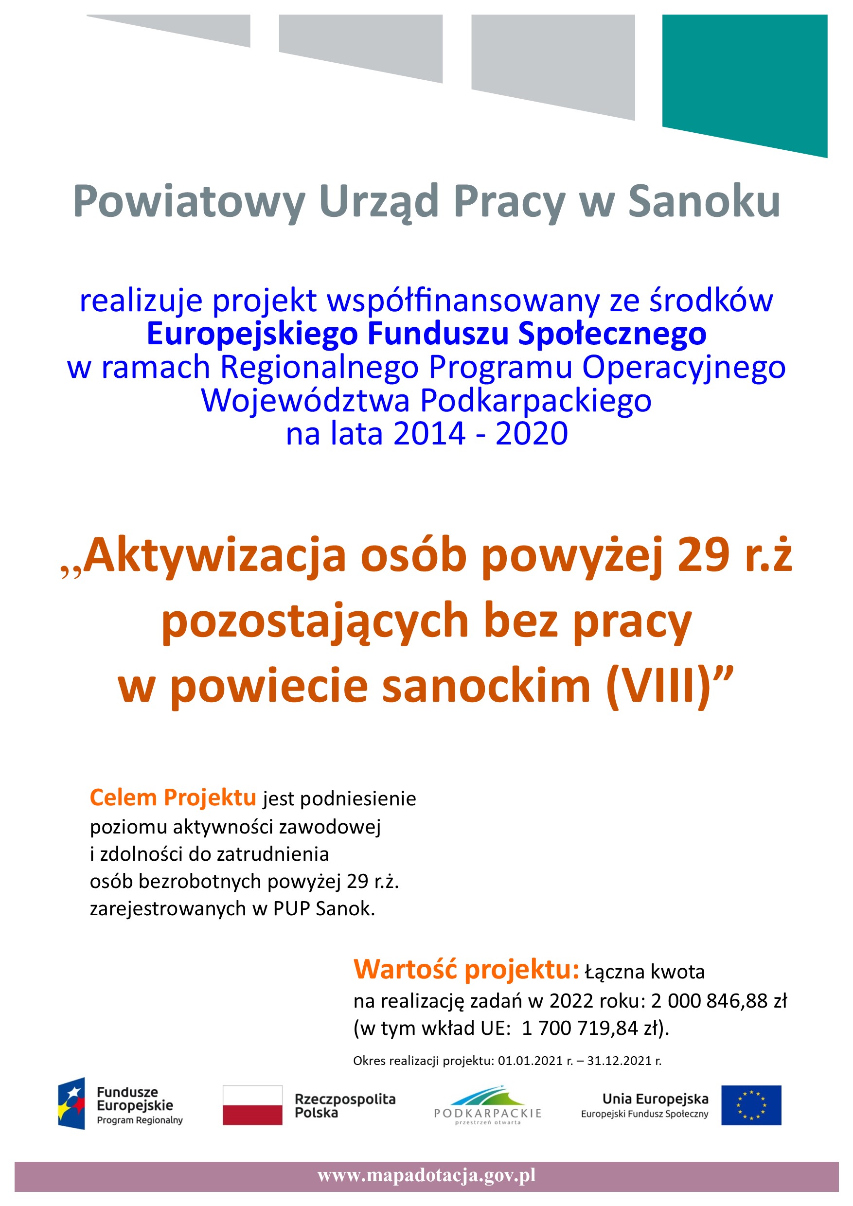 Plakat przedstawia projekt Aktywizacja osób powyżej 29 r.ż. pozostających bez pracy w powiecie sanockim (IV)