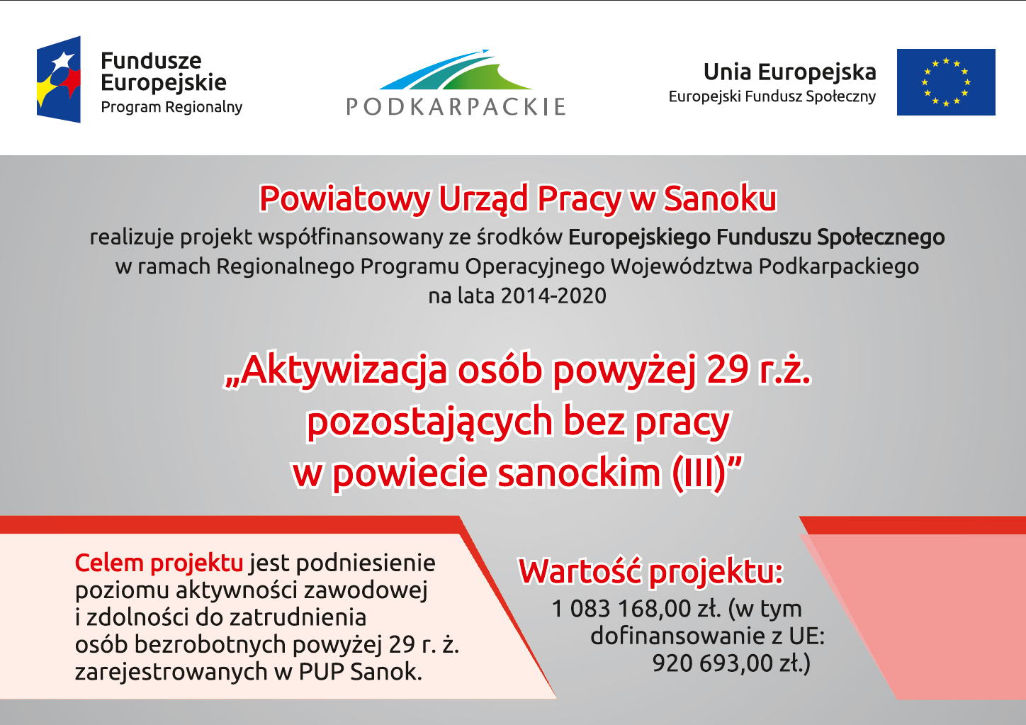 Plakat przedstawia projekt Aktywizacja osób powyżej 29 r.ż. pozostających bez pracy w powiecie sanockim (III)