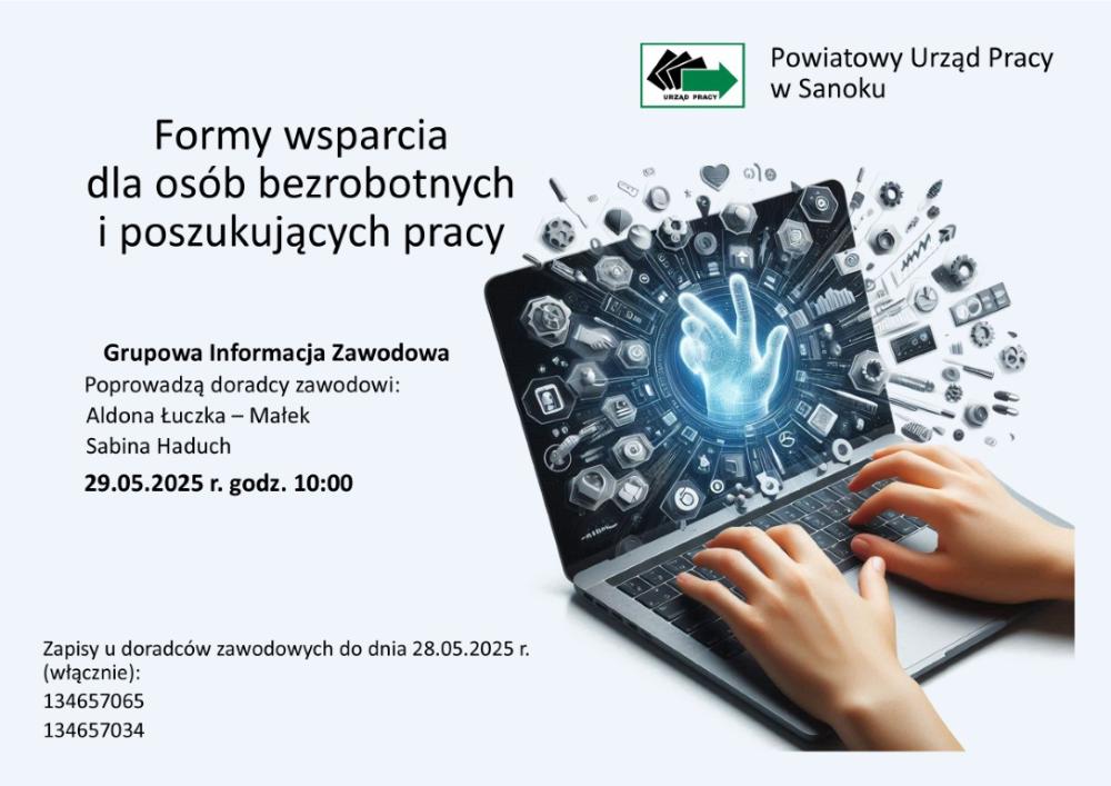 Plakat Grupowa Informacja Zawodowa Poprowadzą doradcy zawodowi: Aldona Łuczka – Małek, Sabina Haduch, 29.05.2025 r. godz. 10:00